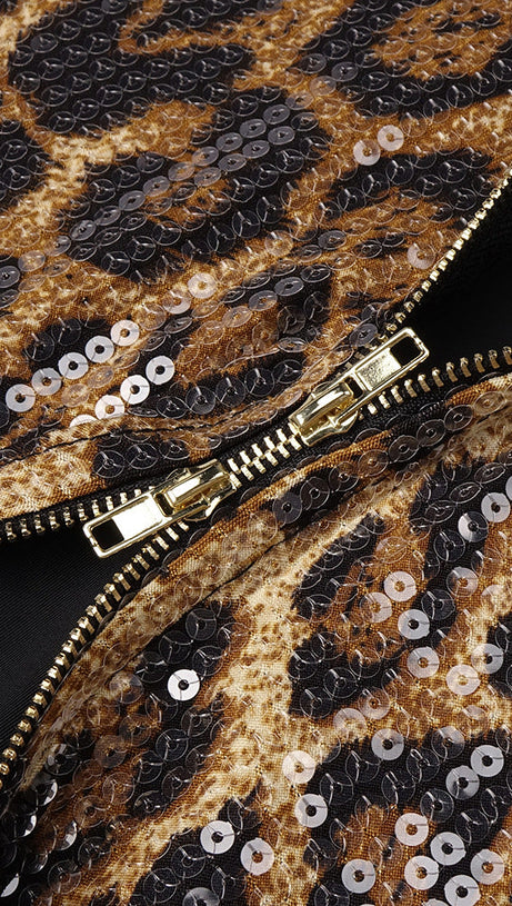 Jarrell Dazzling Leopard Sequin Maxi Gown with Dramatic Cape