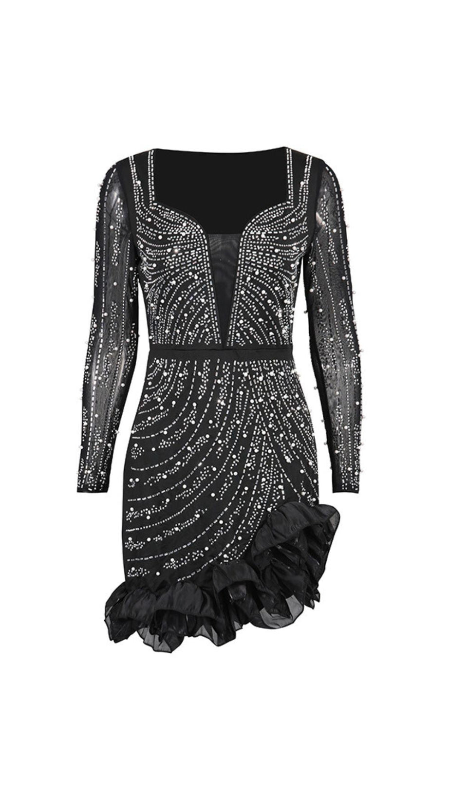 HAWKEYE DAZZLING BLACK CRYSTAL & PEARL BEADED LONG SLEEVE MINI DRESS