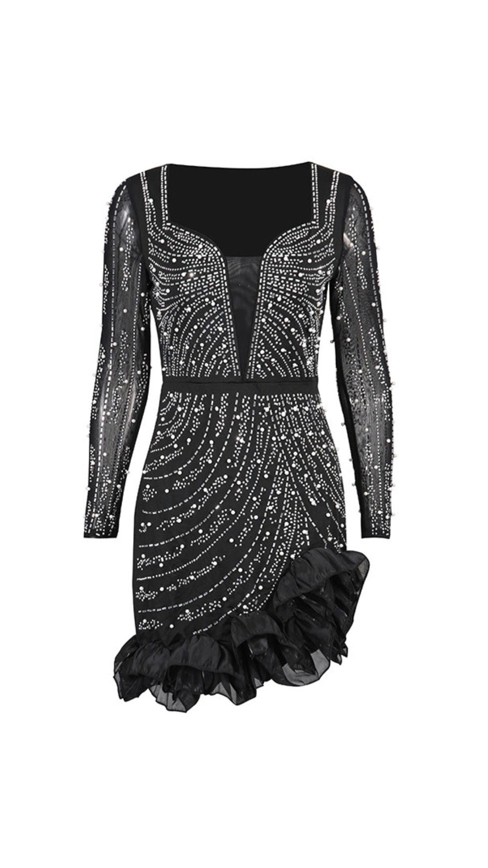 HAWKEYE DAZZLING BLACK CRYSTAL & PEARL BEADED LONG SLEEVE MINI DRESS