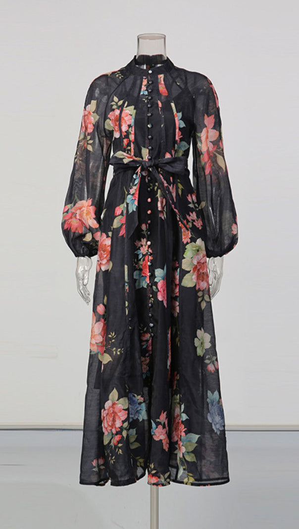 AIIZIE Jitka Black Floral Maxi Dress - Elegant Long Sleeve Button-Front Gown for Women - product image