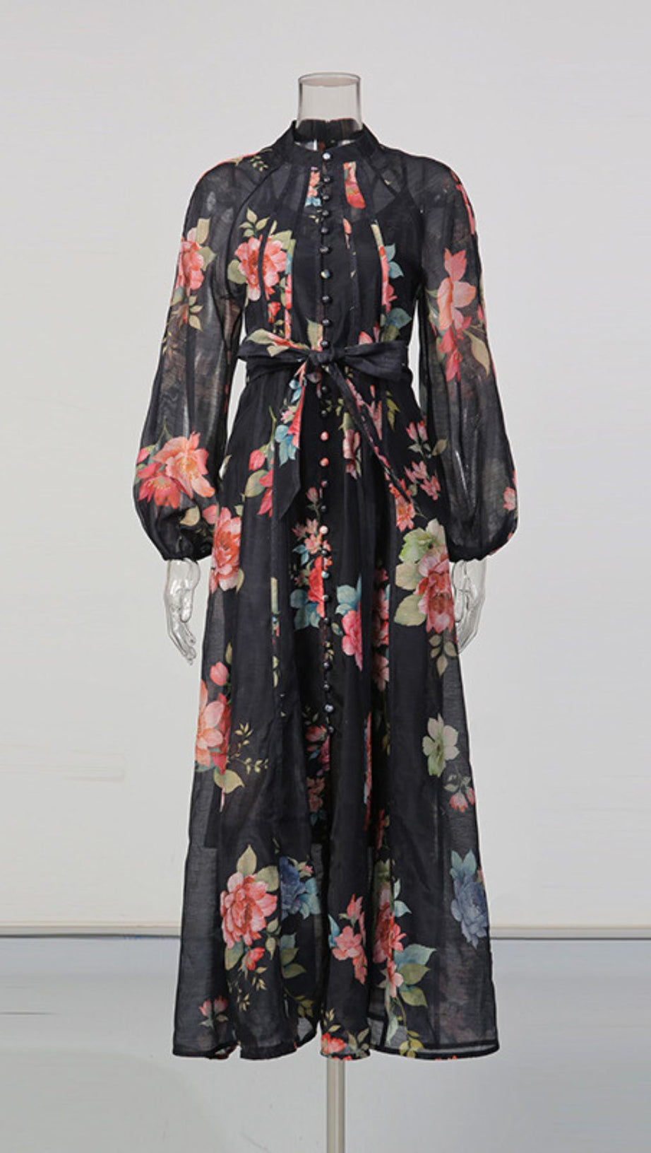 Jitka Black Floral Maxi Dress - Elegant Long Sleeve Button-Front Gown for Women