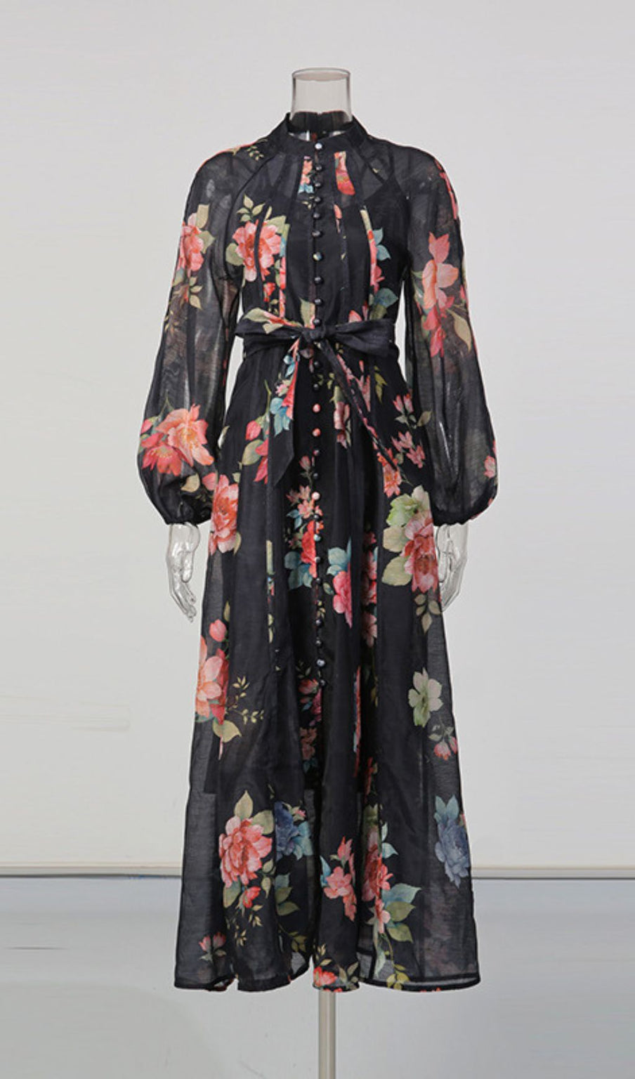 Jitka Black Floral Maxi Dress - Elegant Long Sleeve Button-Front Gown for Women