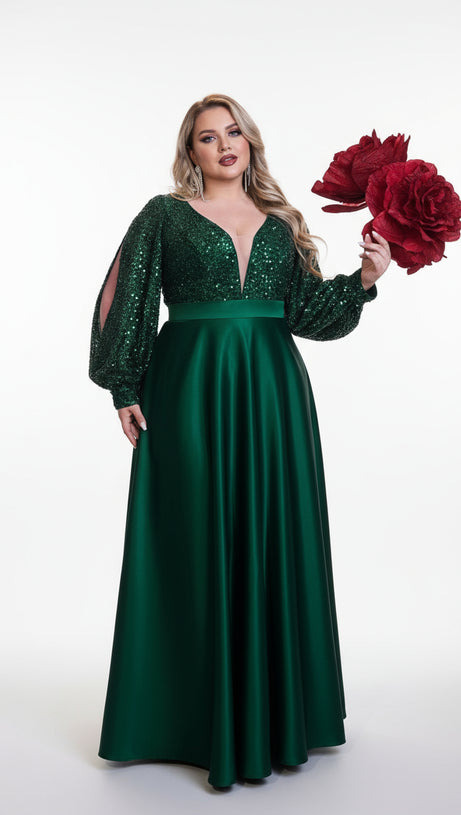 HENDRIKA DAZZLING EMERALD GREEN SEQUIN PLUS SIZE MAXI DRESS WITH LONG SLEEVES