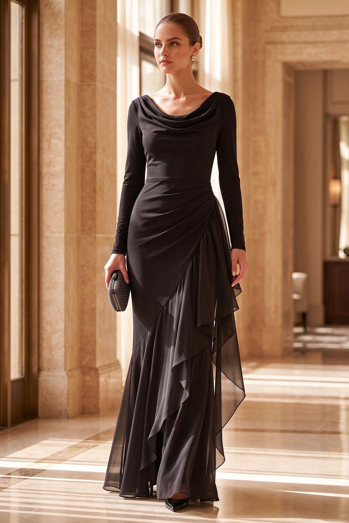 Black Mermaid Evening Gown with Sheer Ruffle Detail
