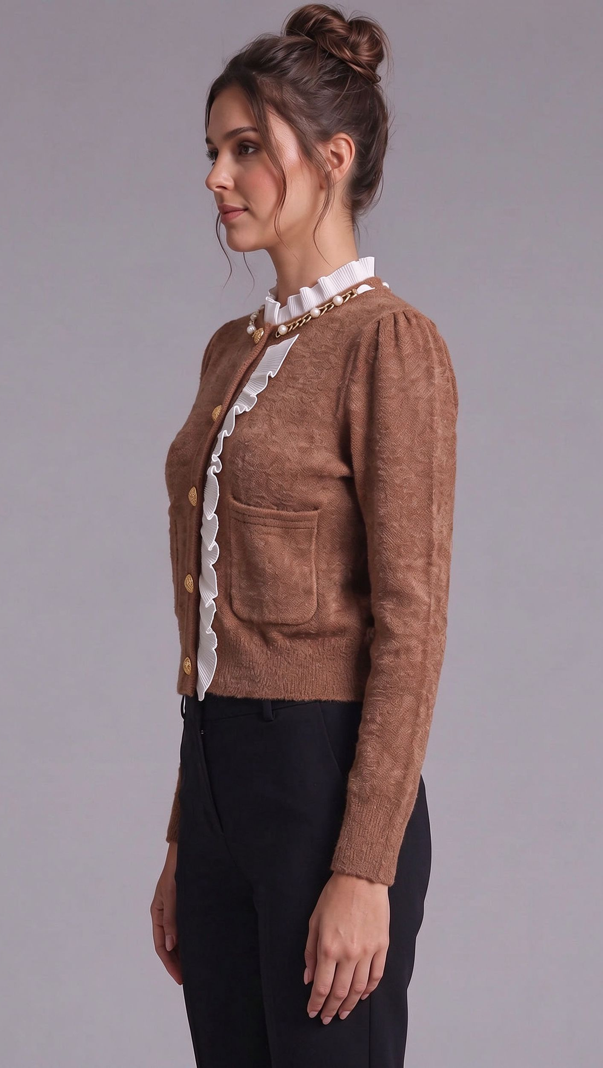 caramel brown textured wool-blend knit fitted, cropped cardigan