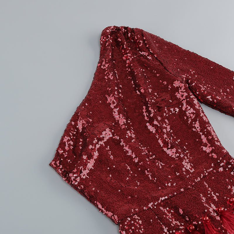 MINI ABITO MONOSPALLA CON PIUME E PAILLETTES