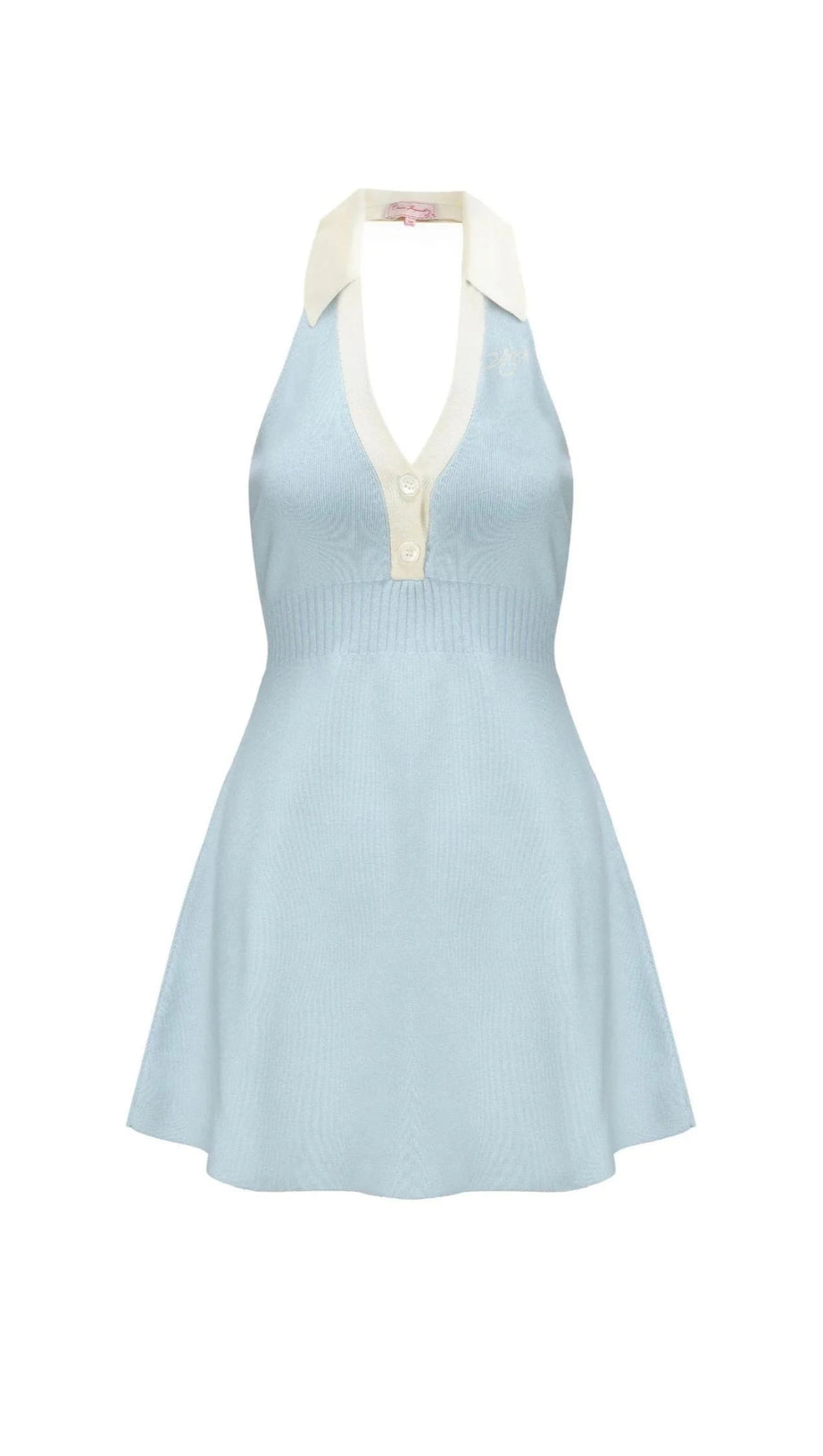 MINI ABITO IN MAGLIA CON SCHIENA SENZA COLLO AL VOLTO BLU