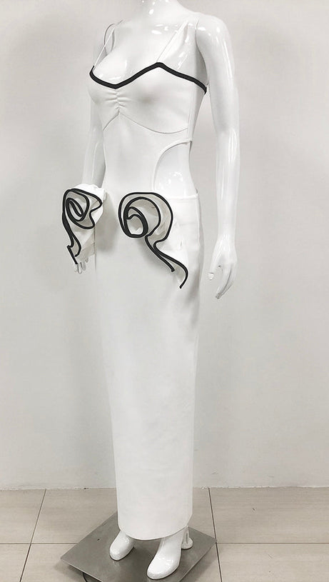 LILLIAN WAIST FLOWER RUFFLE EMBELLISHED CUT OUT MAXI DRESS