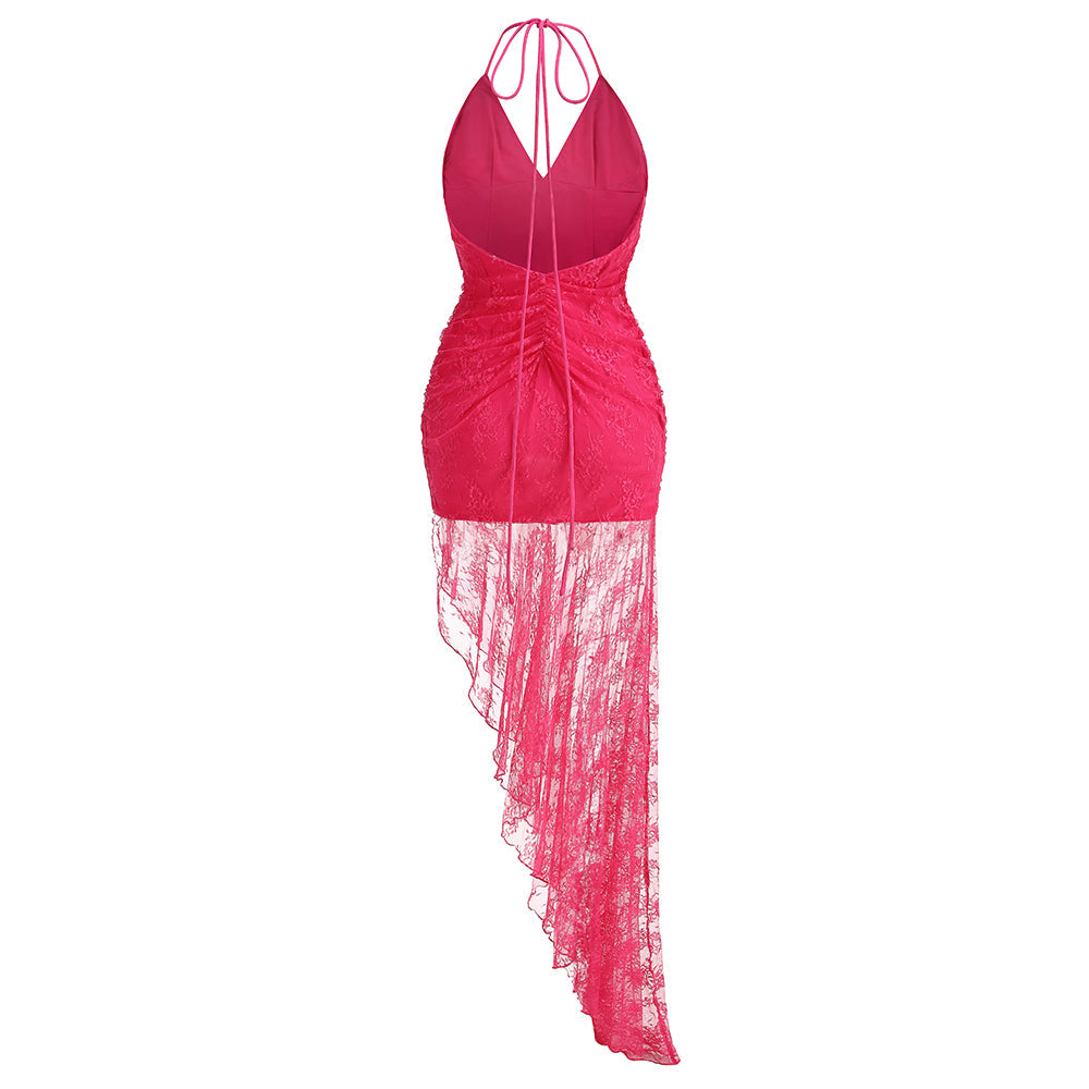 AIIZIE ADITI RUCHED LACE BODYCON MIDI DRESS IN RED - product image