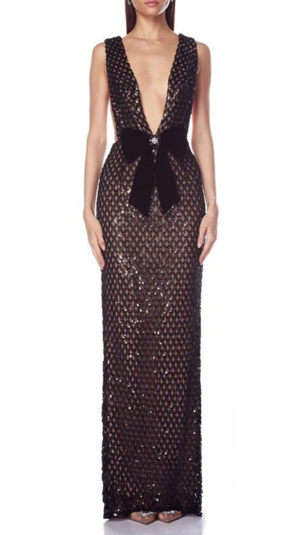 AIIZIE Jocelin Dazzling Sequin Maxi Gown with Statement Satin Bow - product image