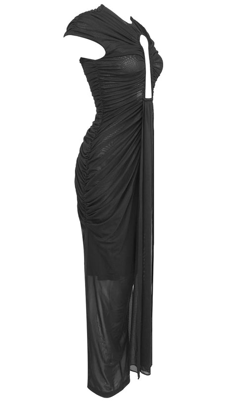BRIANNA DRAPED KEYHOLE BODYCON GOWN IN BLACK