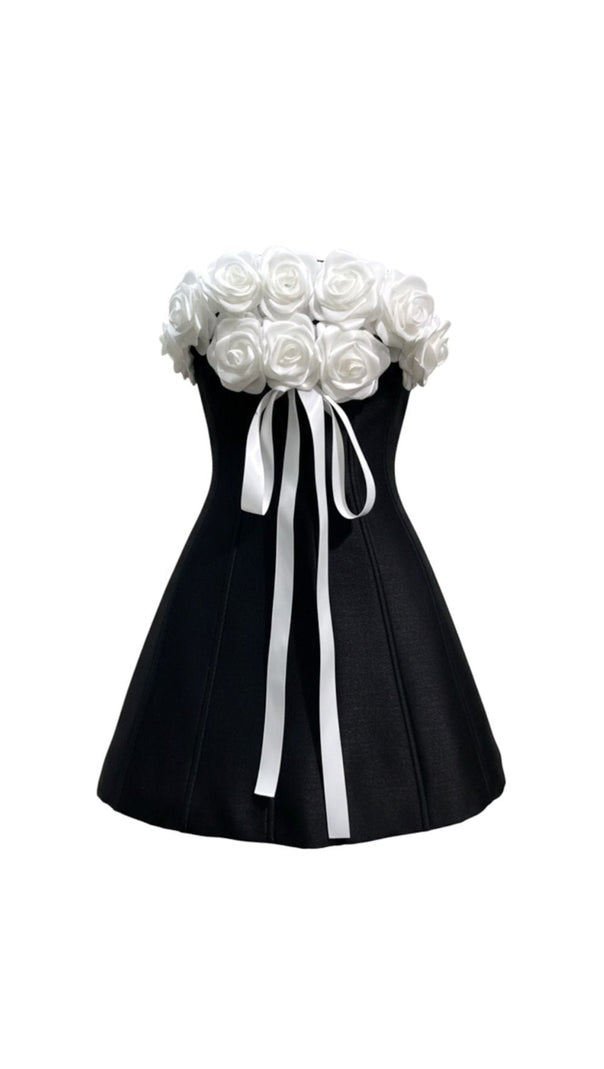 AIIZIE IVANKA GLAM BLACK & WHITE FLORAL STRAPLESS CORSET MINI DRESS - product image