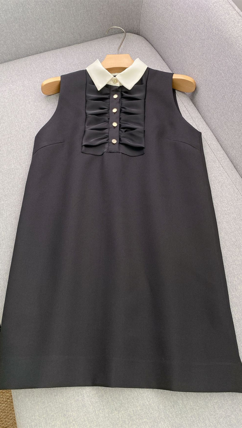 Elegant Black Mini Dress for Women | Chic Contrast Collar & Sleeveless Shift