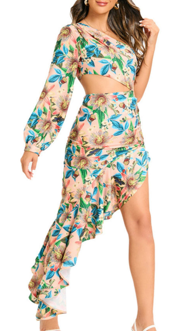 AIIZIE Javen Tropical Floral One-Shoulder Cutout High-Low Dress - product image