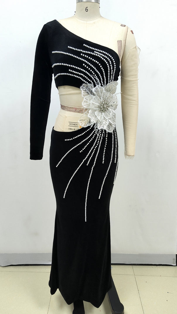 One-Shoulder Langarm Blumen Maxikleid schwarz 