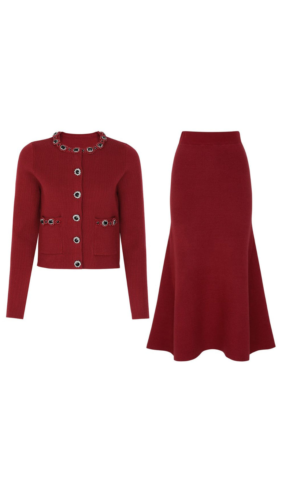 Elegant Wine Red Embellished Knit Cardigan & Midi Skirt Set