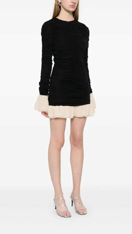 RUCHED LONG-SLEEVE MINI DRESS IN BLACK