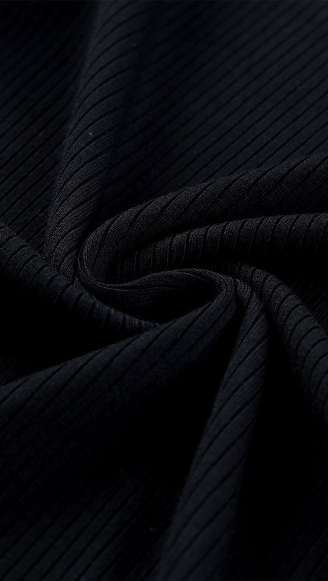 BLACK DOTTY MESH RUFFLE SLEEVE RIBBED KNIT TOP