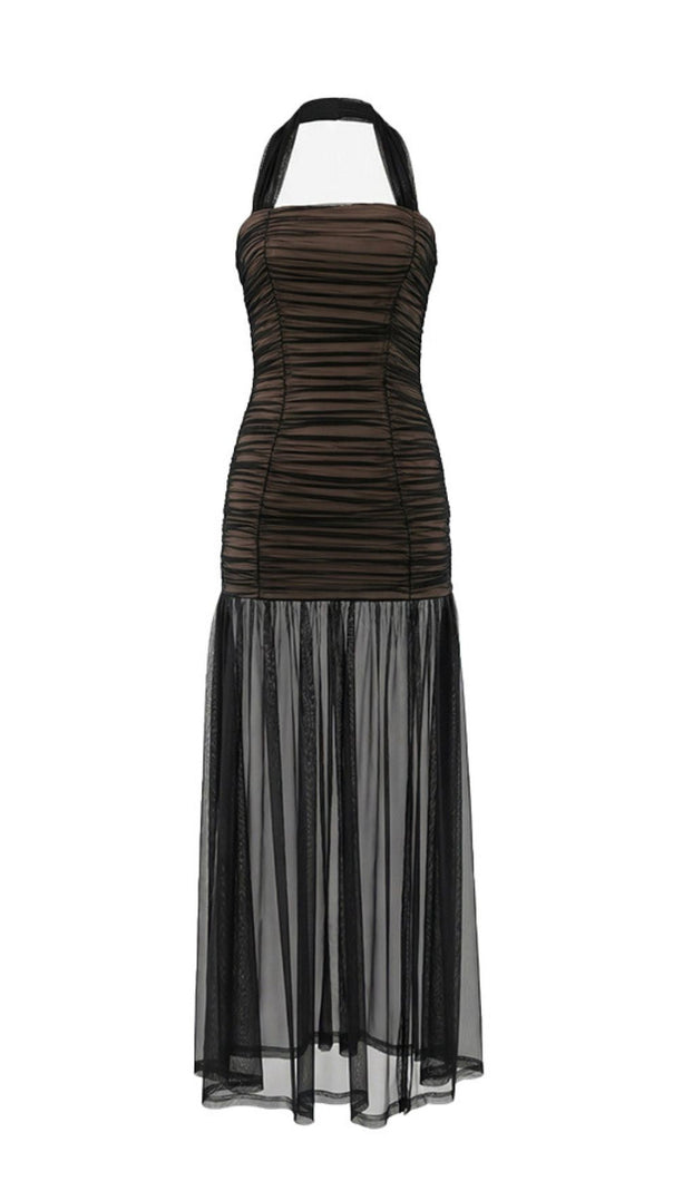 AIIZIE Jadzia Black Halter Ruched Mesh Maxi Dress – Elegant Evening Gown for Special Occasions - product image