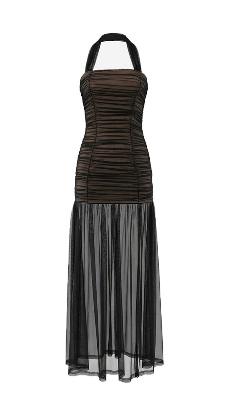 Jadzia Black Halter Ruched Mesh Maxi Dress – Elegant Evening Gown for Special Occasions