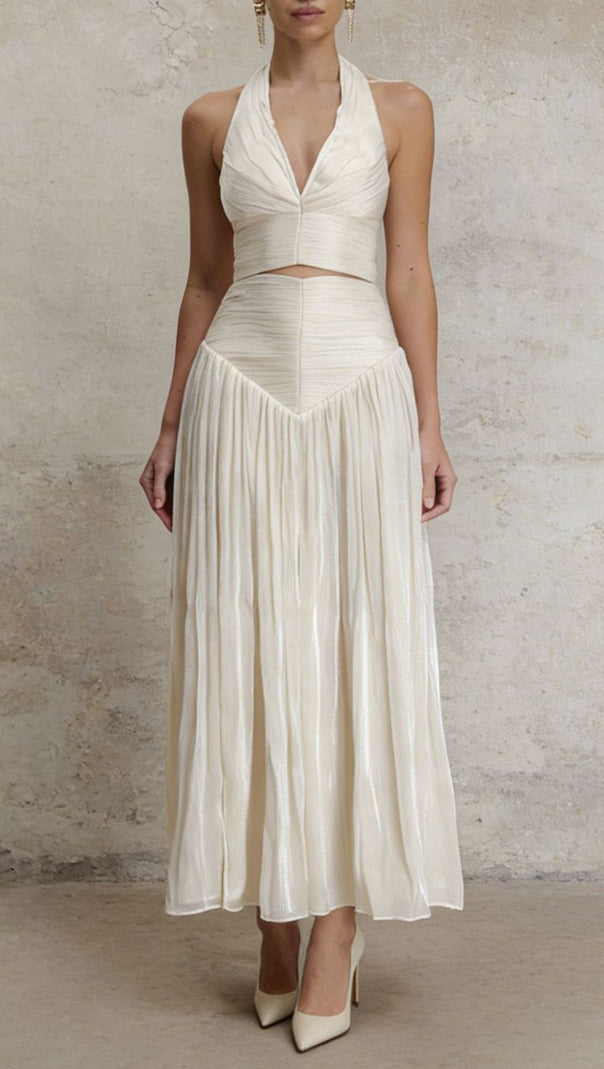 AIIZIE Jania Chic Halter Crop Top & Pleated Maxi Skirt Set | Elegant Two-Piece - product image