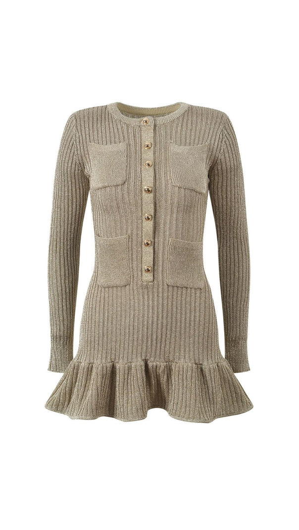 AIIZIE Shimmering Metallic Knit Mini Dress | V-Neck, Pockets & Ruffle Hem - product image