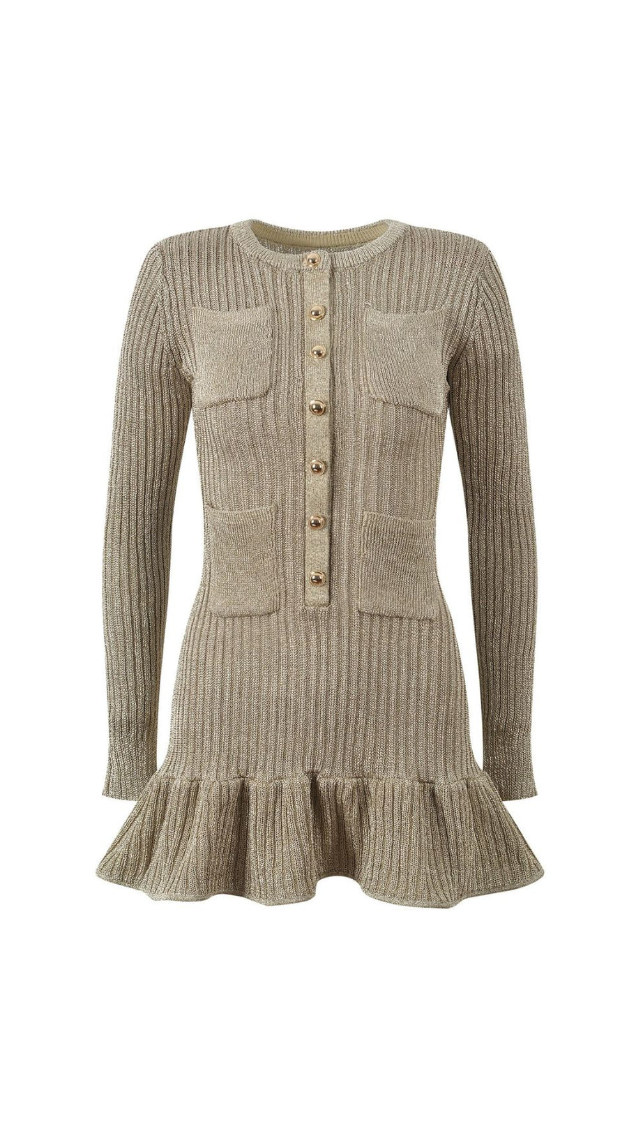 Shimmering Metallic Knit Mini Dress | V-Neck, Pockets & Ruffle Hem