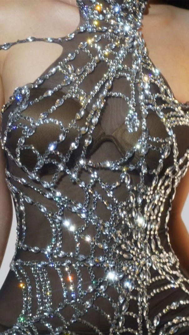 AIIZIE SIESEN DAZZLING RHINESTONE COBWEB MESH HALTER JUMPSUIT - SHEER EVENING BODYSUIT - product image
