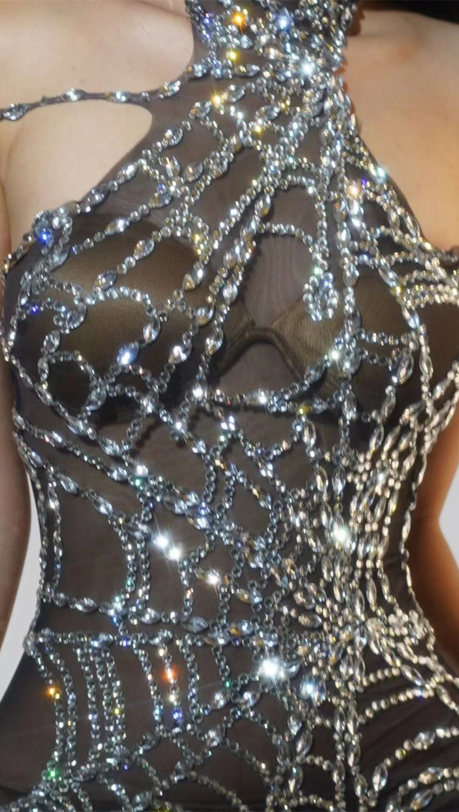 SIESEN DAZZLING RHINESTONE COBWEB MESH HALTER JUMPSUIT - SHEER EVENING BODYSUIT