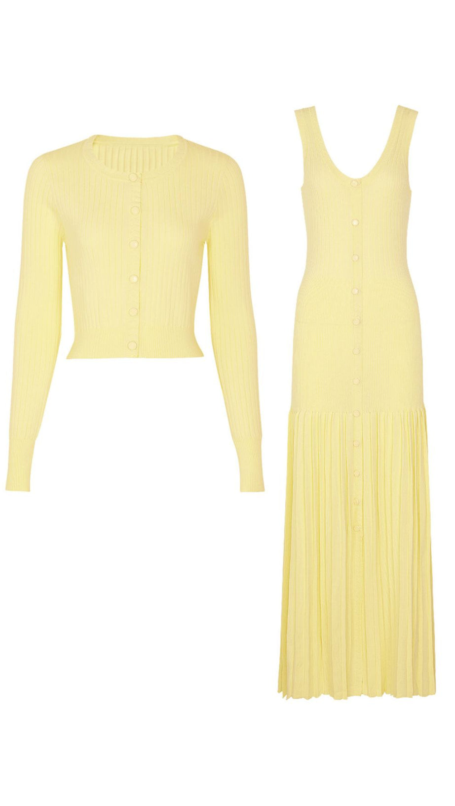 Jackie Yellow Ribbed Knit Maxi Dress & Cardigan Set AIIZIE Jackie Yellow Ribbed Knit Maxi Dress & Cardigan Set AIIZIE