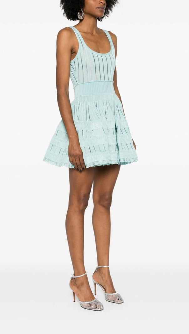 AIIZIE ARCHETYPES RIBBED POINTELLE-KNIT MINI DRESS IN GREEN - product image