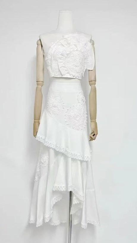 nina Ruffled strapless top floral embroidered mermaid skirt set - white