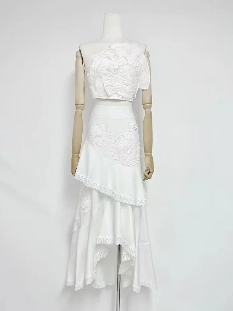 nina Ruffled strapless top floral embroidered mermaid skirt set - white