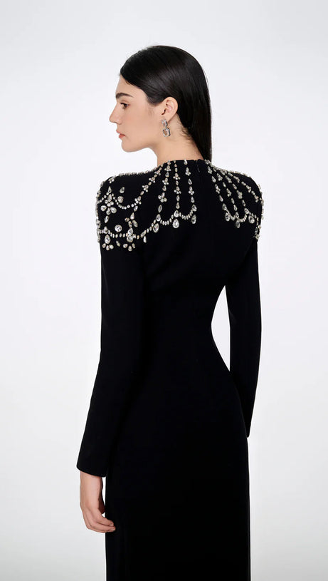 CRYSTAL-EMBELLISHED BLACK LONG SLEEVE MAXI DRESS