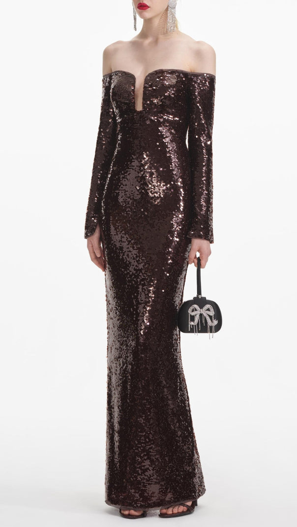 AIIZIE LONG SLEEVE SEQUIN MAXI DRESS IN BROWN - product image