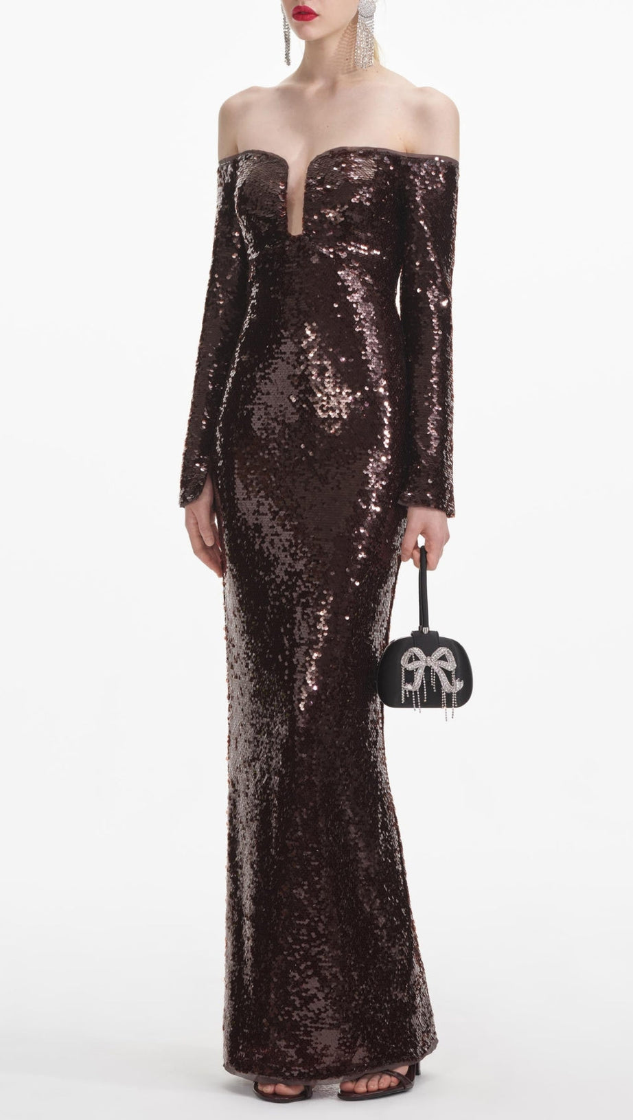 ABITO LUNGO CON PAILLETTES A MANICHE LUNGHE, MARRONE