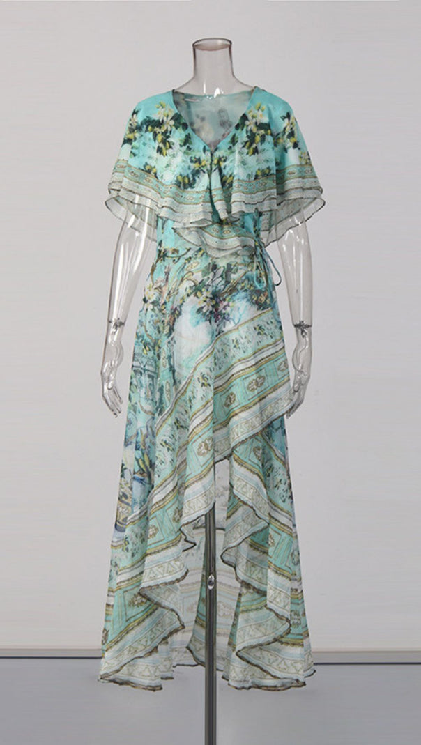 AIIZIE Jaymes Artistic Print High-Low Maxi Dress - Bohemian Ruffle Wrap Style - product image