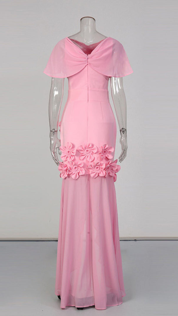 AIIZIE Elegant Jaelyn Pink Maxi Gown | 3D Floral Appliques & High Slit - product image