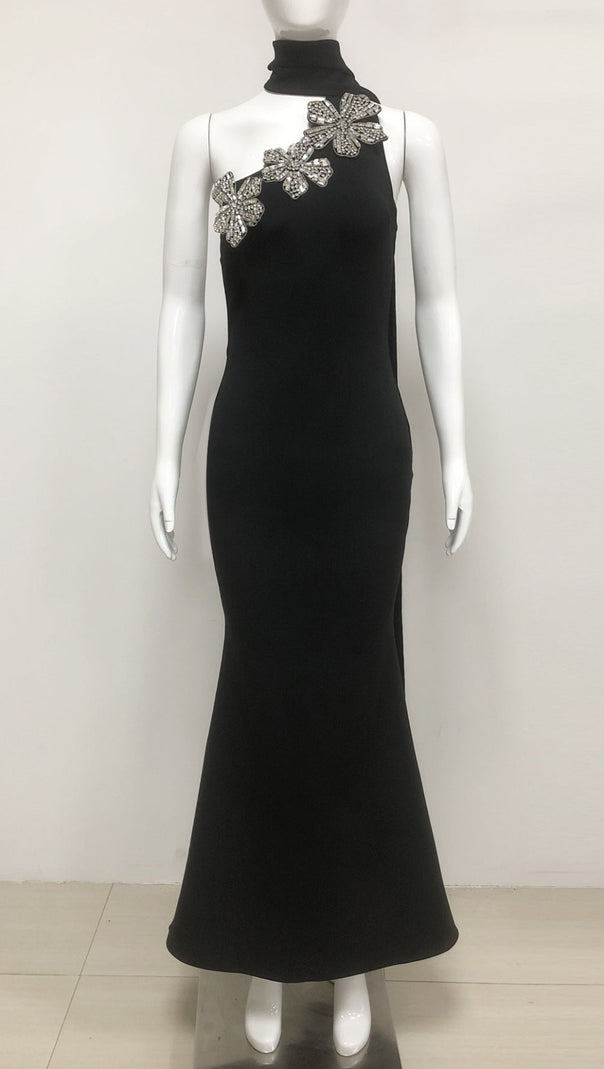 AIIZIE EMILY DIAMOND FLOWER BANDAGE MAXI DRESS IN BLACK - product image