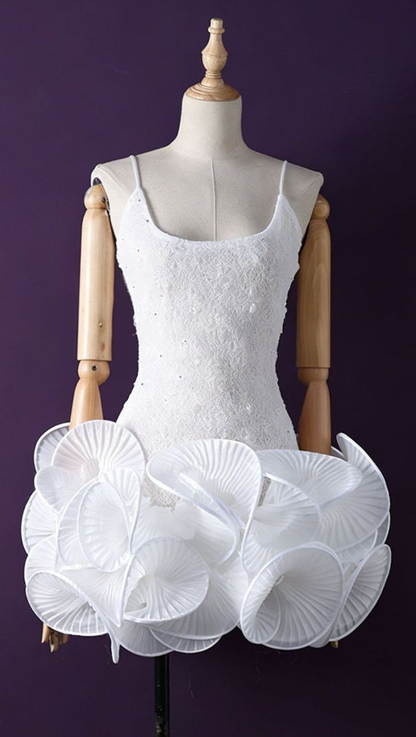 AIIZIE Jem Chic White Petal Ruffle Mini Dress | Strappy Lace Bodice - product image