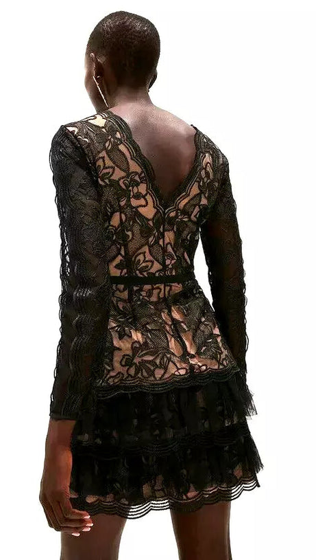 MINI ABITO IN PIZZO RICAMATO CON ORLO A VOLANT IN TULLE NERO