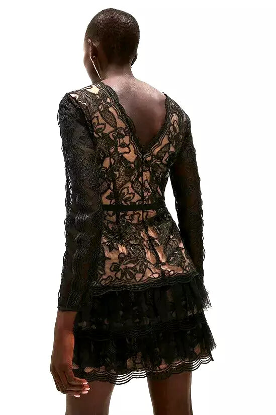 AIIZIE BLACK TULLE RUFFLE HEM EMBROIDERED LACE MINI DRESS - product image