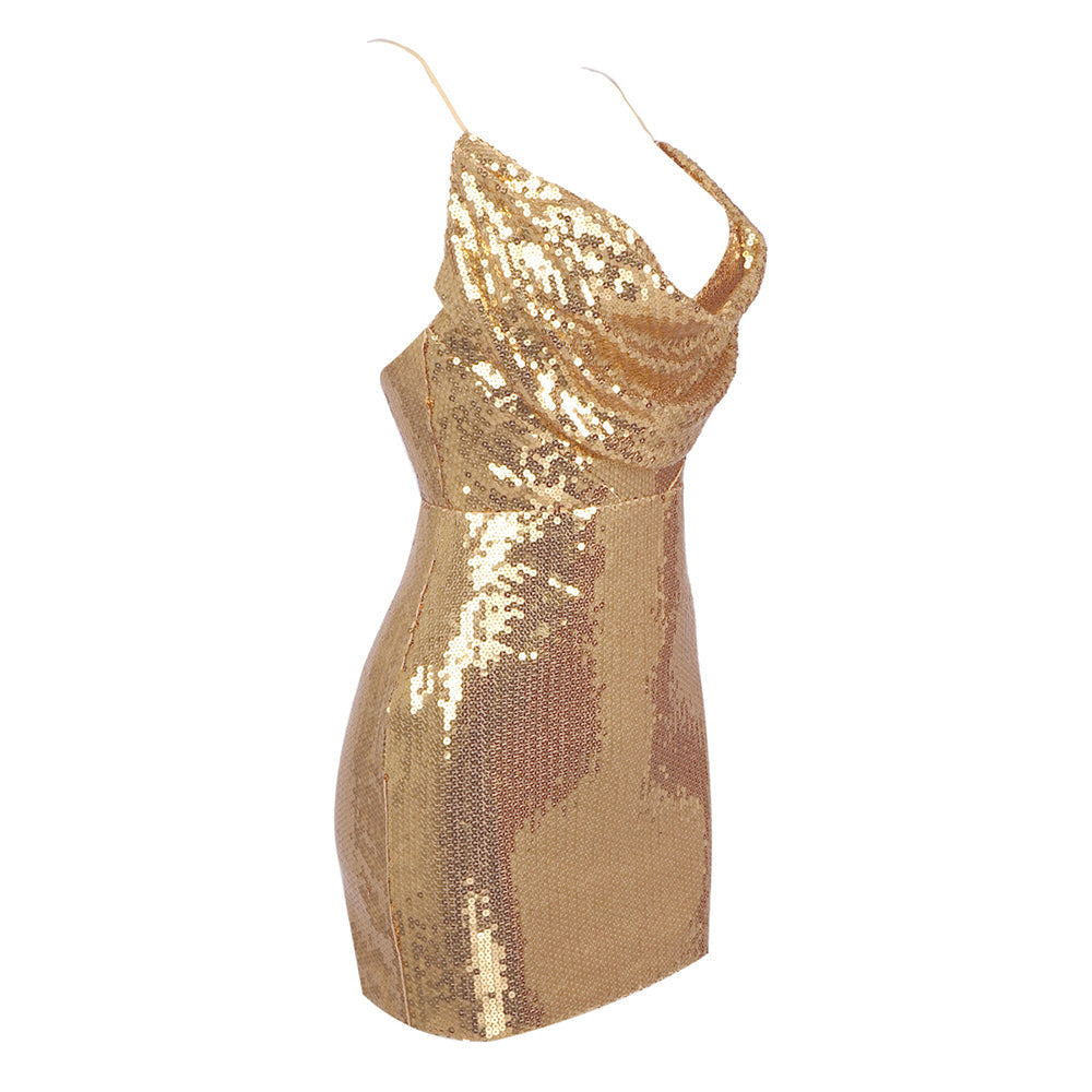 AIIZIE DRAPED SEQUINED TULLE MINI DRESS IN GOLD - product image