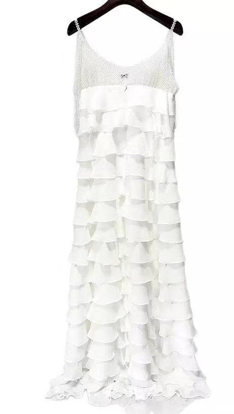 white nail bead layered lotus leaf slit maxi dress