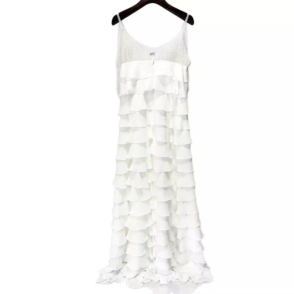 AIIZIE white nail bead layered lotus leaf slit maxi dress - product image