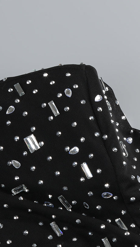 CRYSTAL EMBELLISHED MESH MIDI DRESS IN BLACK