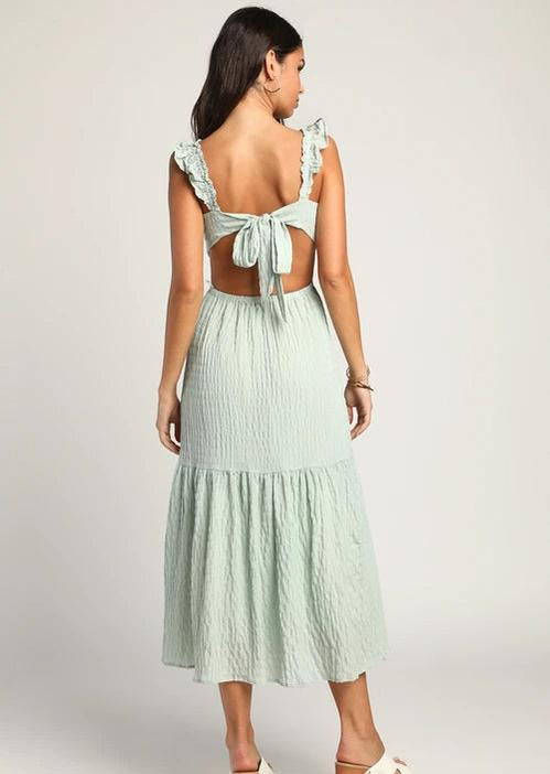 MINT SMOCKED TIE-BACK TIERED MIDI DRESS