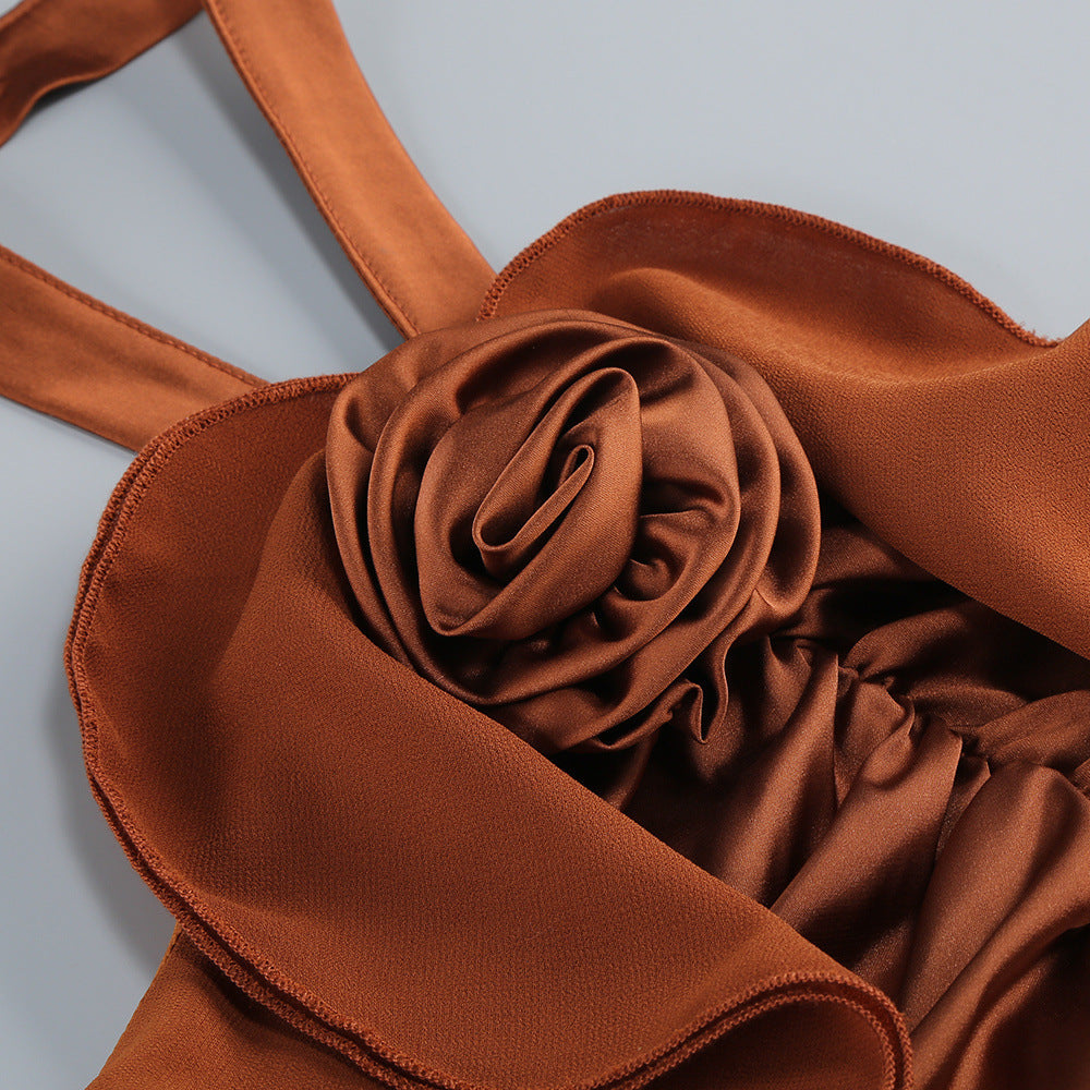 AIIZIE Jerom Opulent Brown Halter Ruched Mini Dress with Rosette Detail - product image