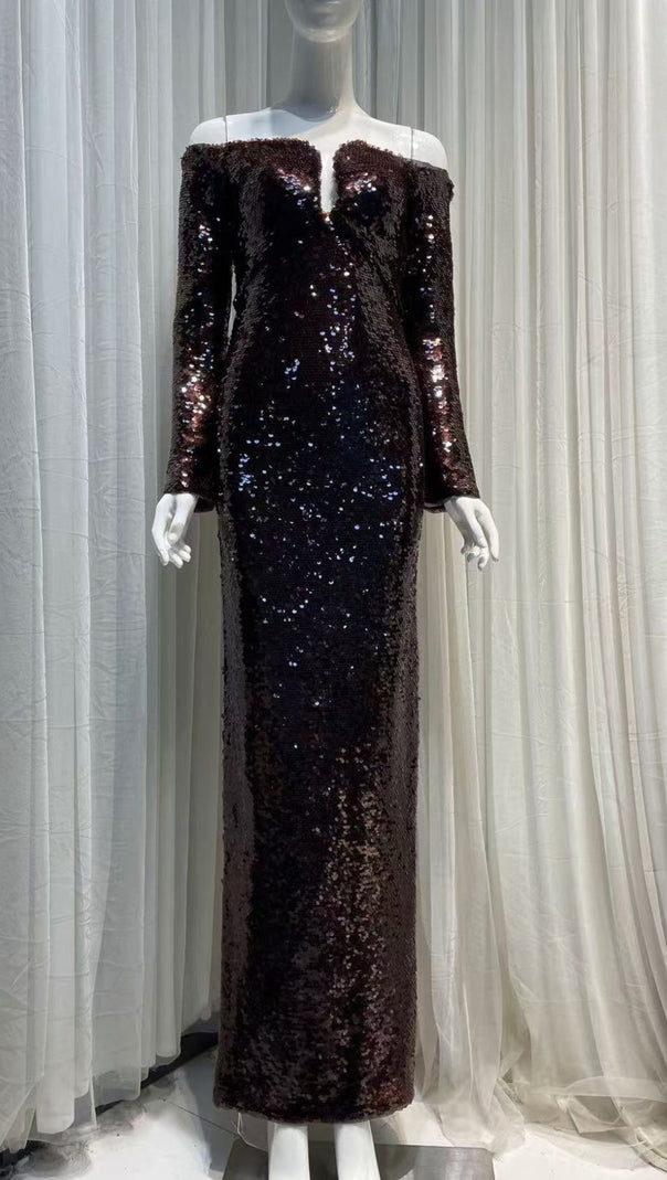 AIIZIE LONG SLEEVE SEQUIN MAXI DRESS IN BROWN - product image