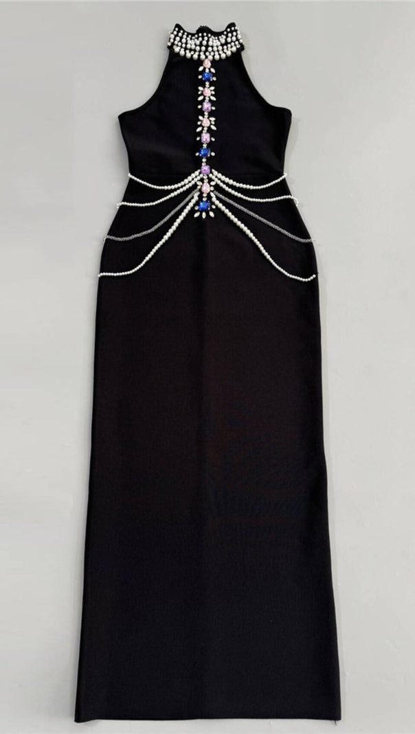 AIIZIE Janae Black Diamante Embellished Halter Neck Maxi Gown - Luxury Evening Dress - product image